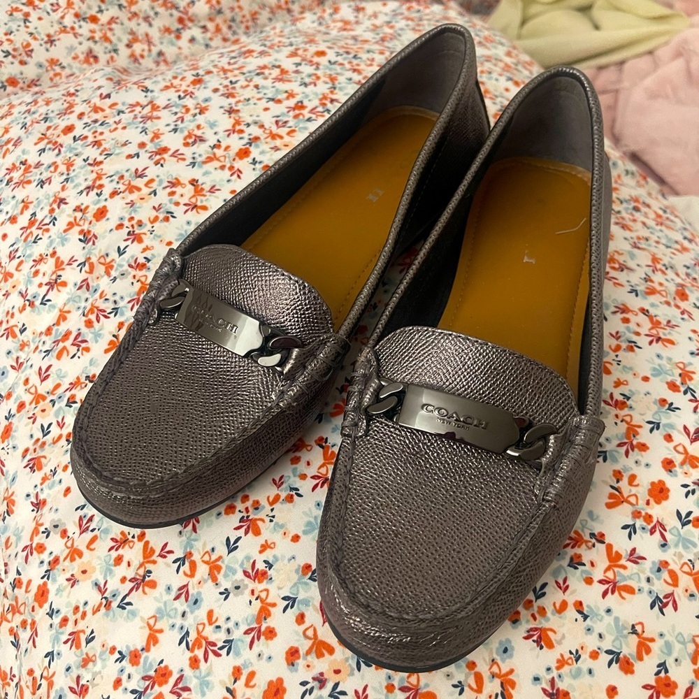 Coach olive loafers in metallic silver